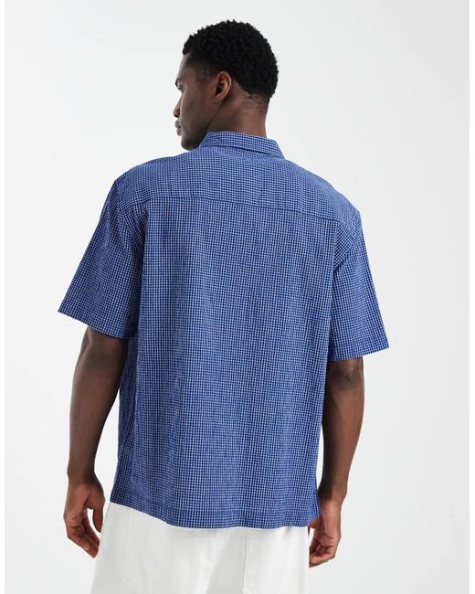 ASOS Blue Relaxed Micro Check Shirt With Pockets for men