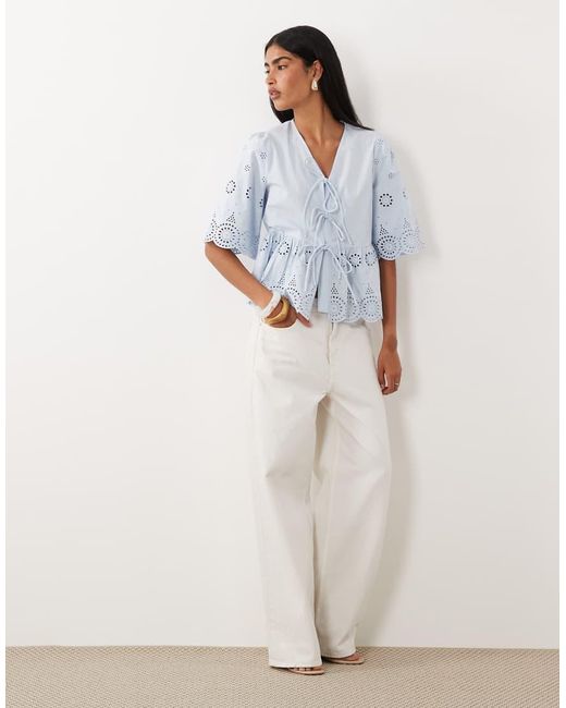 Y.A.S Blue Tie Front Cotton Broderie Top