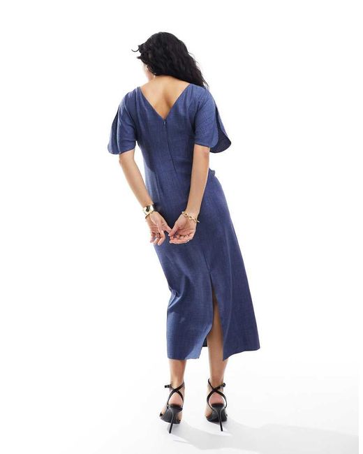 ASOS Blue Linen-Look Flutter Sleeve Midi Dress With Ruching Detail