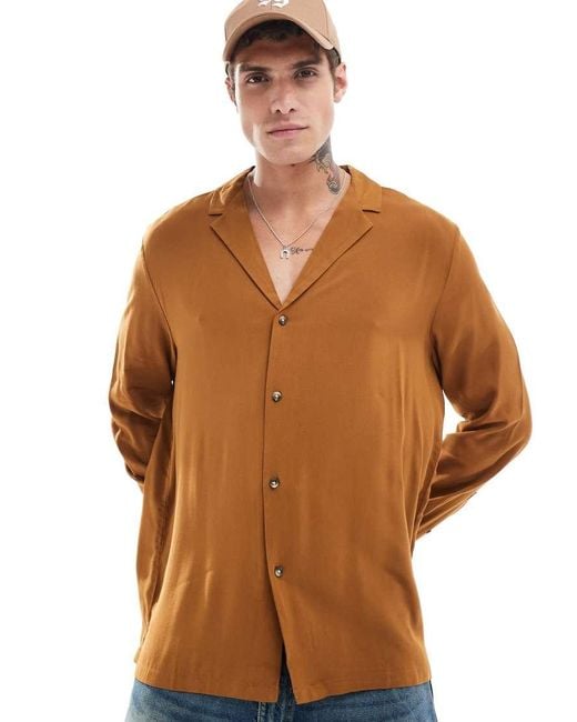 ASOS Brown Relaxed Deep Revere Viscose Shirt for men