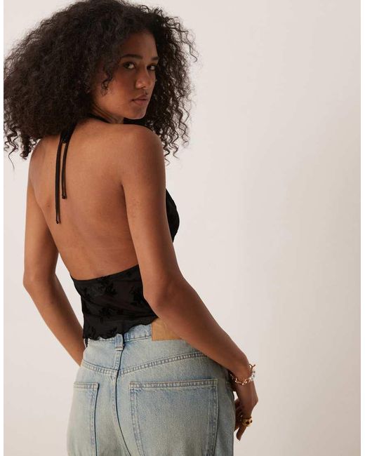 ASOS Black Flocked Mesh Plunge Frill Halter Top