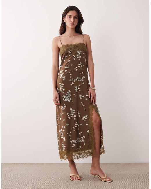 ASOS Natural Cami Maxi Slip Dress With Lace Trims