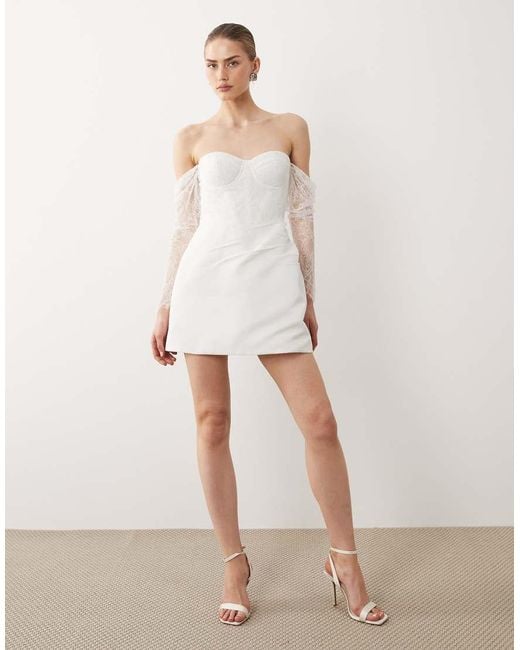 Six Stories White Bridal Fallen Shoulder Lace Sleeve Mini Dress