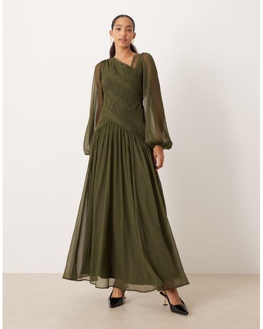 ASOS Green Long Sleeved Asymmetric Neckline Maxi Dress With Lace Trim