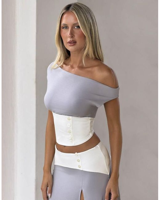 Tiger Mist Gray Alyssa Drape Off Shoulder Contrast Button Detail Top Co-ord
