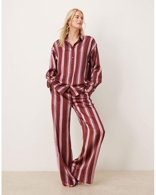 ASOS Pink Asos Design Tall Oversized Satin Striped Shirt And Pants Pajama Set