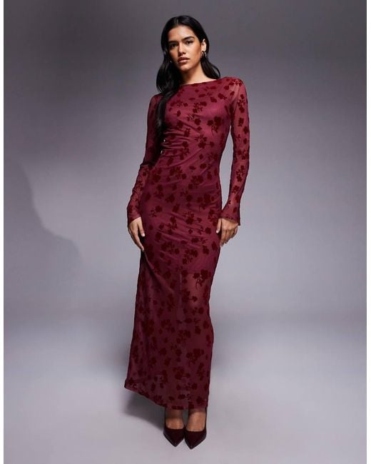ASOS Red Floral Flock Maxi Dress With Flute Sleeve Detail