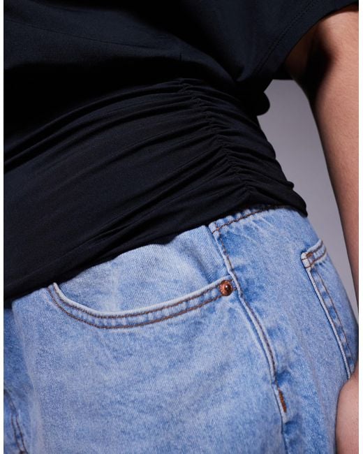 ASOS Blue Asos Design Curve Slinky Asymmetric One Shoulder Short Sleeve Top With Cinched Waist Detailing