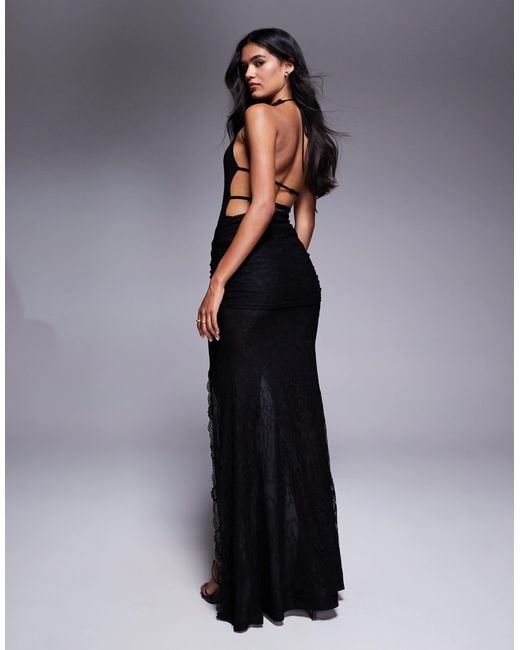 Murci Blue Exclusive Lace Halterneck Deep Plunge Front Split Maxi Dress
