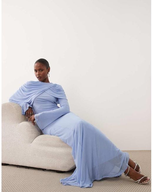 ASOS Blue Modesty Mesh Maxi Dress With Overlay Draped Neckline Detail