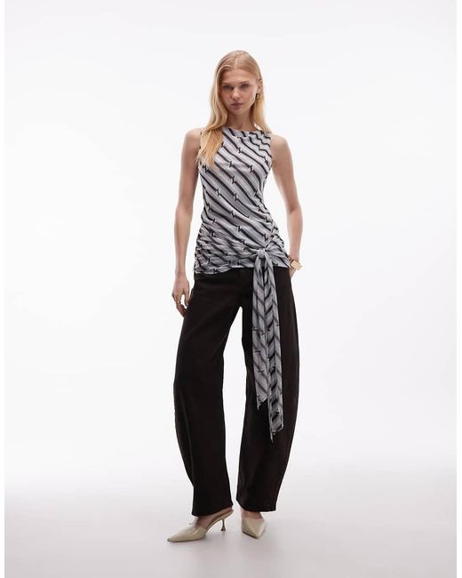 ASOS White Printed Mesh Draped Tie Top