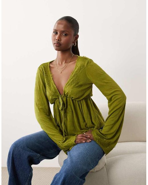 ASOS Green Crinkle Lace Trim Plunge Top With Flare Sleeve