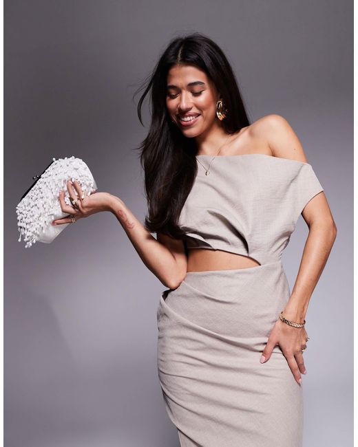 slim fit dress slacks ASOS DESIGN Ruffle Off Shoulder Midi Dress  White Chocolate Couture