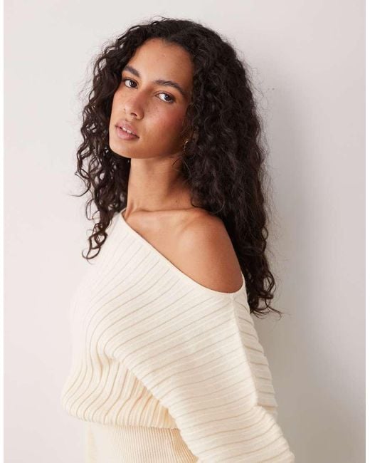 ASOS Natural Wide Ribbed Off The Shoulder Cinched Waist Jumper