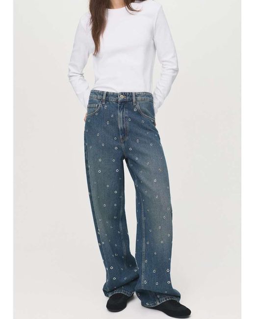 Mango Blue Barrel Leg Jeans With Grommet Detailing