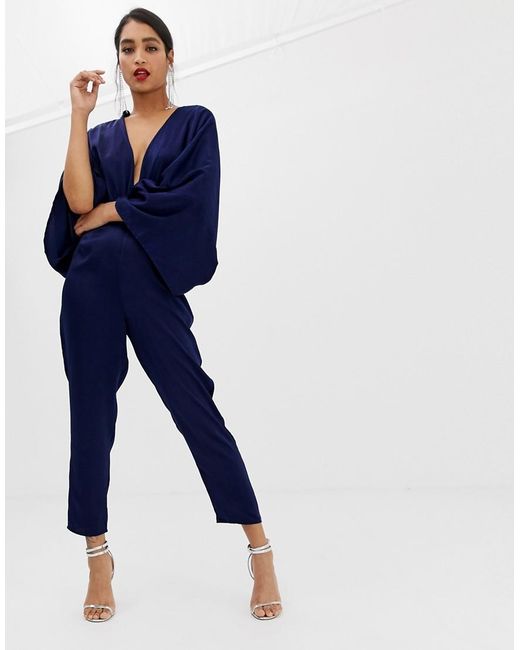 Lyst - ASOS Drape Kimono Jumpsuit With Ultra Plunge And Peg Leg in Blue