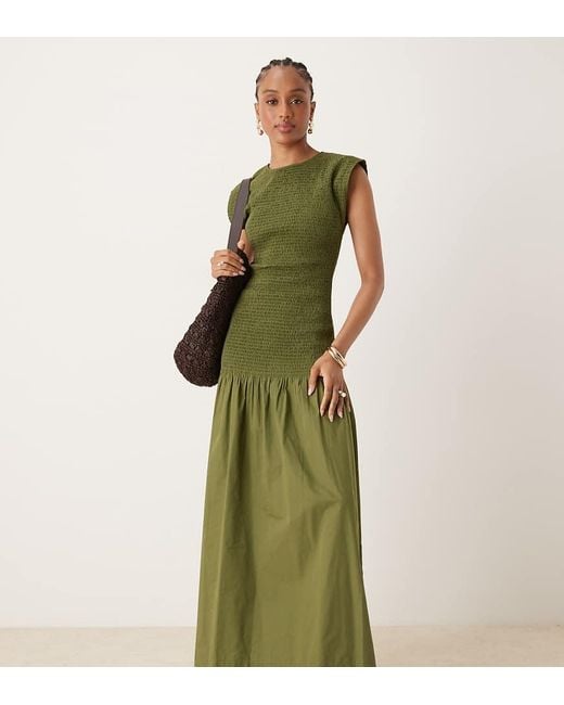 ASOS Green Asos Design Tall High Neck Shirred Poplin Maxi Dress With Dropped Waist