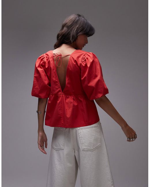 TOPSHOP Red Poplin Puff Sleeve Top