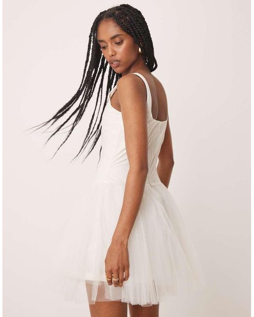 LACE & BEADS Natural Drop Waist Corset Detail Mini Dress