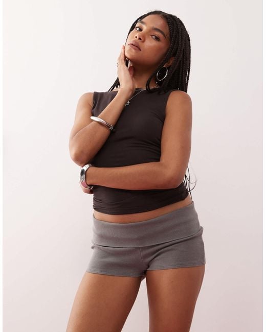 Weekday Brown Jersey Ribbed Hot Pants With Fold Over Waistband