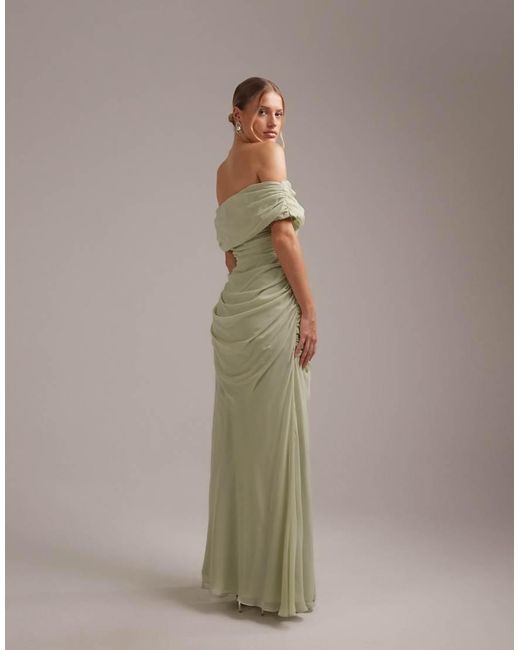 ASOS Brown Bridesmaids Bardot Chiffon Draped Maxi Dress With Fixed Wrap Skirt