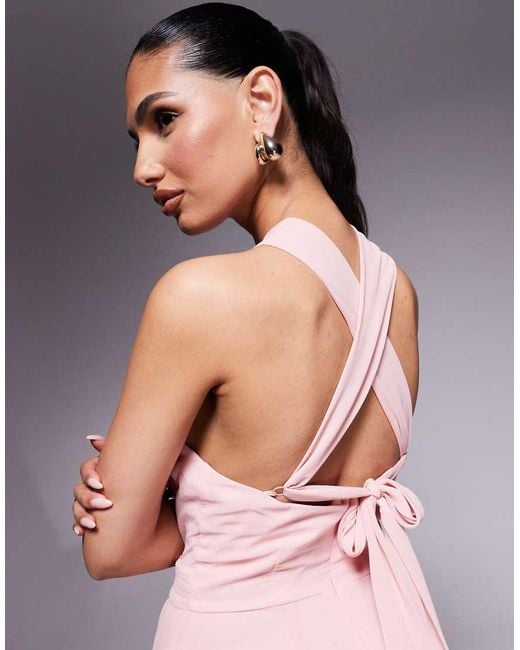Goddiva Pink Halterneck Thigh Split Chiffon Maxi Dress