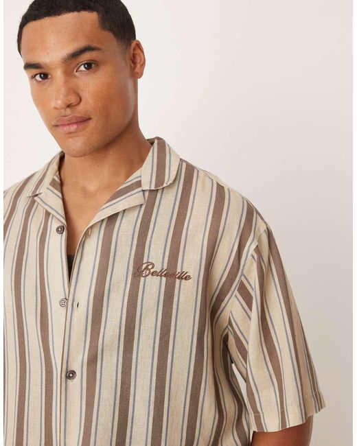 ASOS Recht Oversized Gestreept Overhemd Met Reverskraag En Borduursel Op De Borst in het Natural voor heren