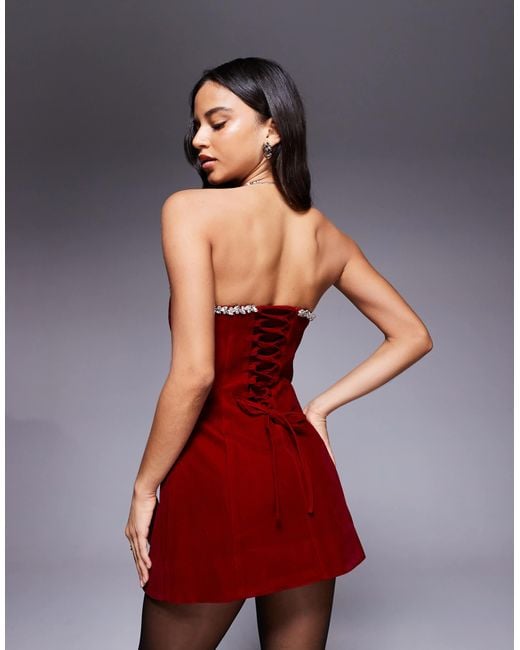 Murci Structu Bandeau Velvet Diamante Trim Lace Up Back Detail Mini Dress in Red | Lyst Murci Structu Bandeau Velvet Diamante Trim Lace Up Back Detail Mini Dress in Red | Lyst