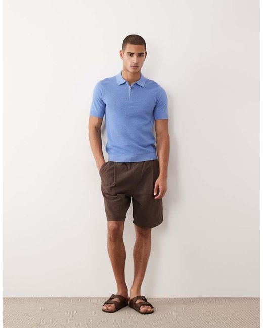 Mango Blue 100% Cotton Waffle Knit Quarter Zip T-shirt Sky for men