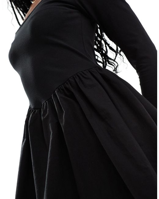 ASOS Black Square Neck Long Sleeve Mini Dress With Bubble Hem