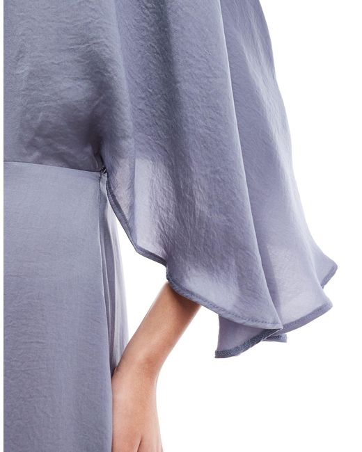 ASOS Blue Satin Flutter Sleeve Asymmetric Hem Midi Dress