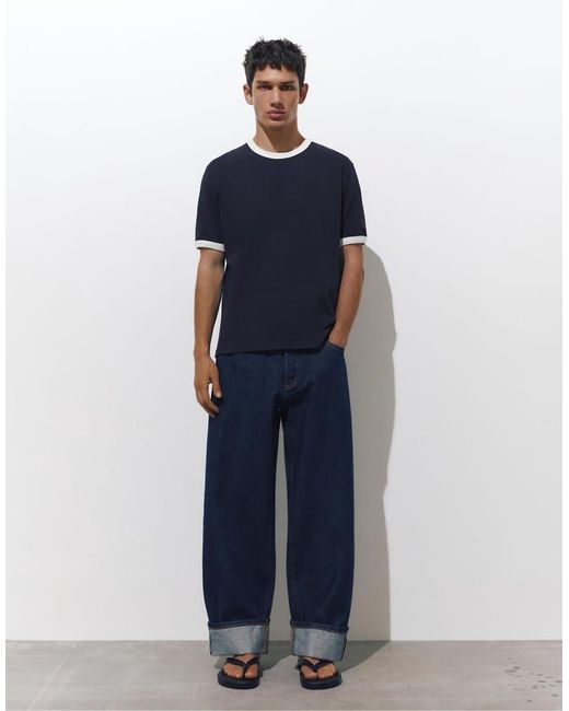 Pull&Bear Blue Contrast Trim T-shirt for men