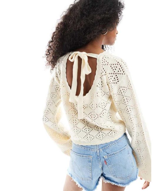 Miss Selfridge White Knitted Pointelle Flare Sleeve Top