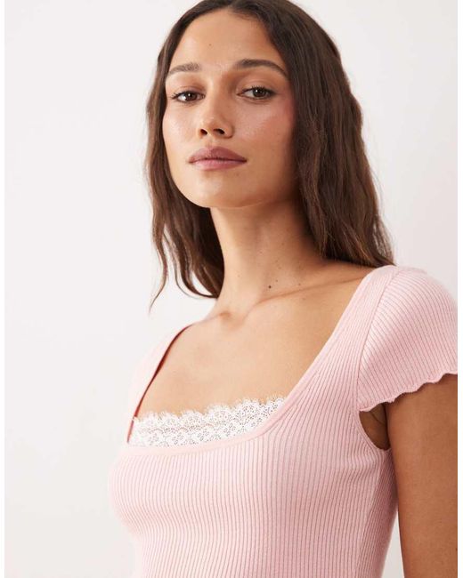 Miss Selfridge Pink Cap Sleeve Ribbed Knitted Top With Lace Detail