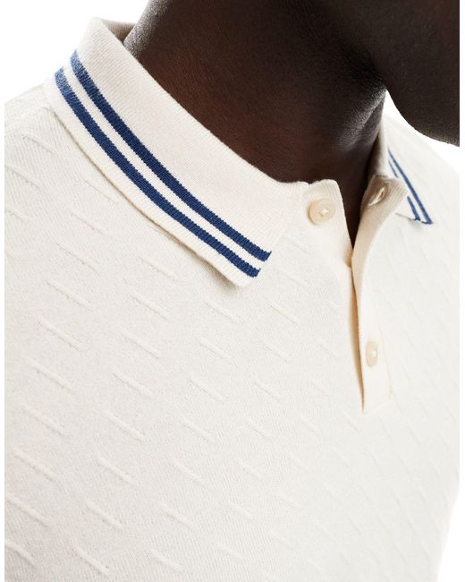Only & Sons White Regular Fit Stripe Collar Knitted Polo for men
