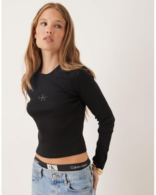Calvin Klein Black Monogram Logo Long Sleeve Top