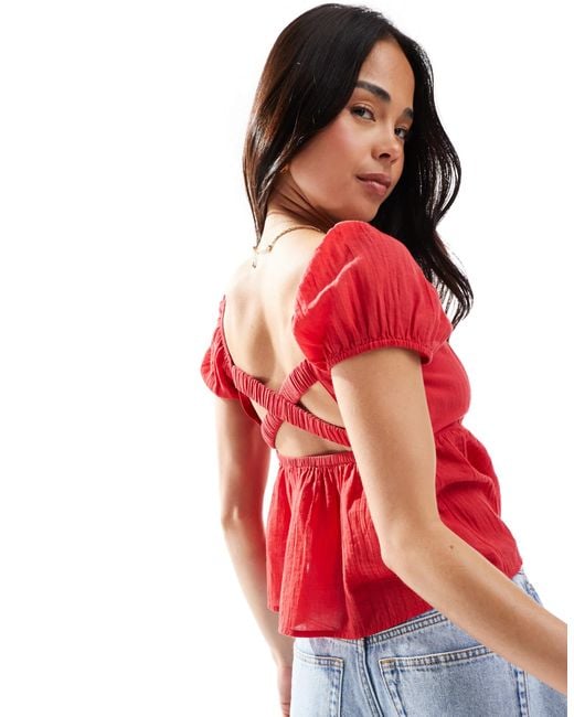 Hollister Red Babydoll Puff Sleeve Open Back Top