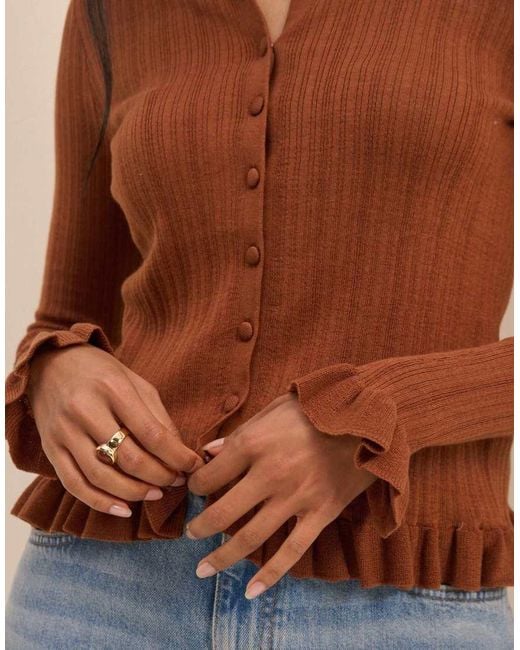 Nobody's Child Brown Rib And Ruffle Sheer Knit Cardigan