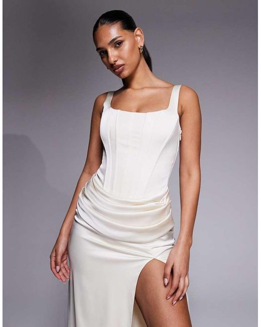 Oh Polly Gray Satin Square Neck Corset Maxi Dress