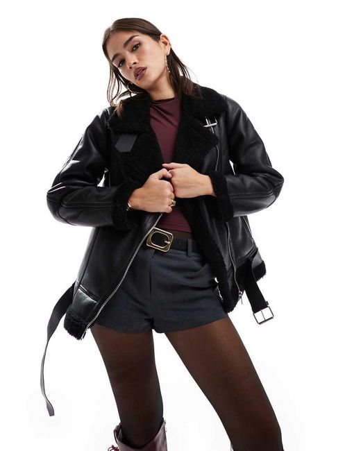 Pull&Bear Black Faux Leather Oversized Aviator Jacket