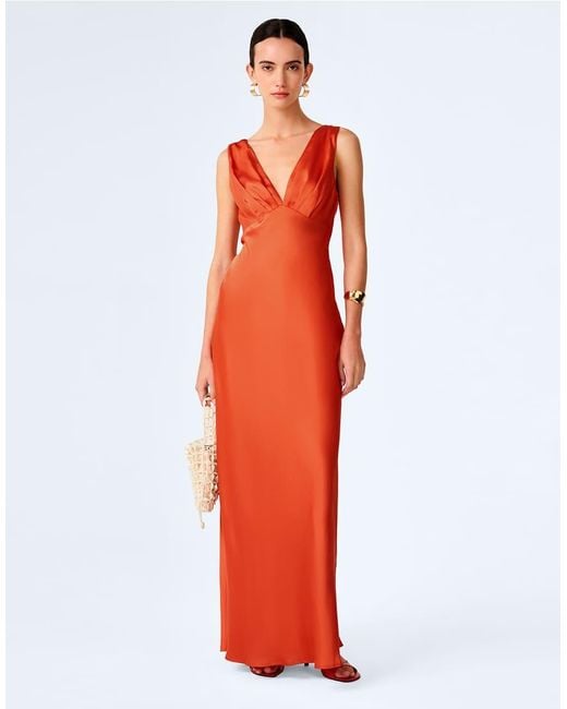 OMNES Red Dresses Casey V-Neck Satin Maxi Dress