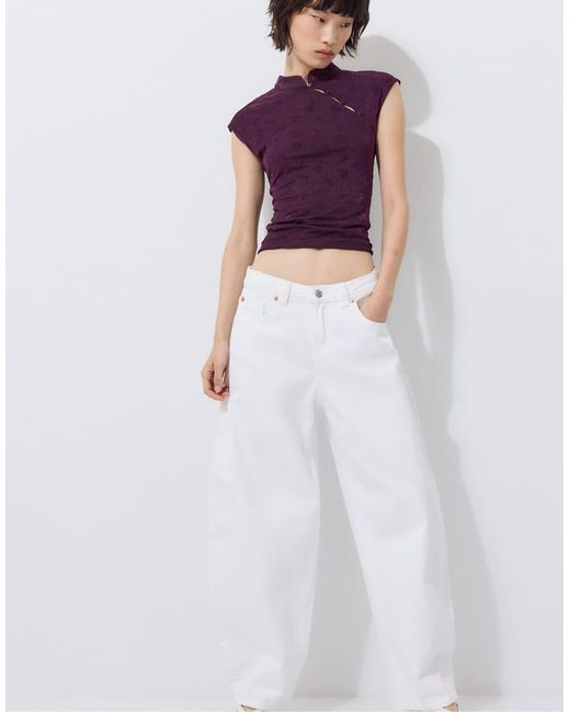 Stradivarius White Flocked Qipao Style T-shirt