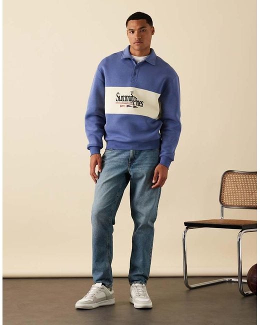 ASOS Blue Polo Sweatshirt With Contrast Panel And Print for men
