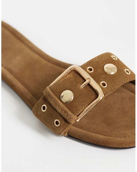 Mango Natural 100% Suede Leather Buckle Detail Flat Slides