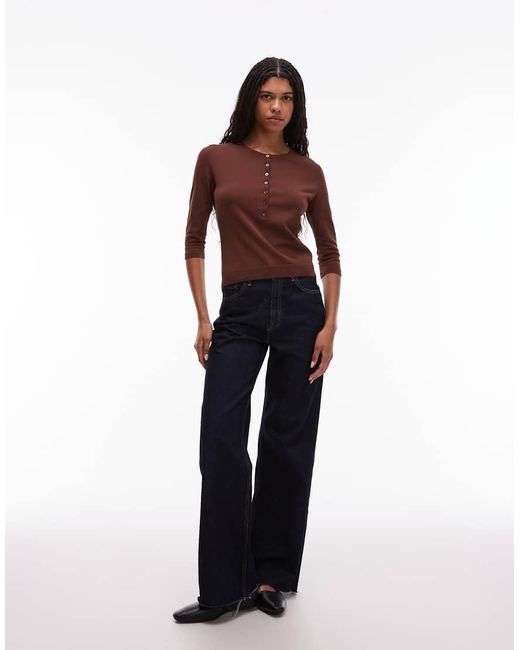ARKET Brown Pure Cotton Knitted Rib Henley Top With Long Sleeves