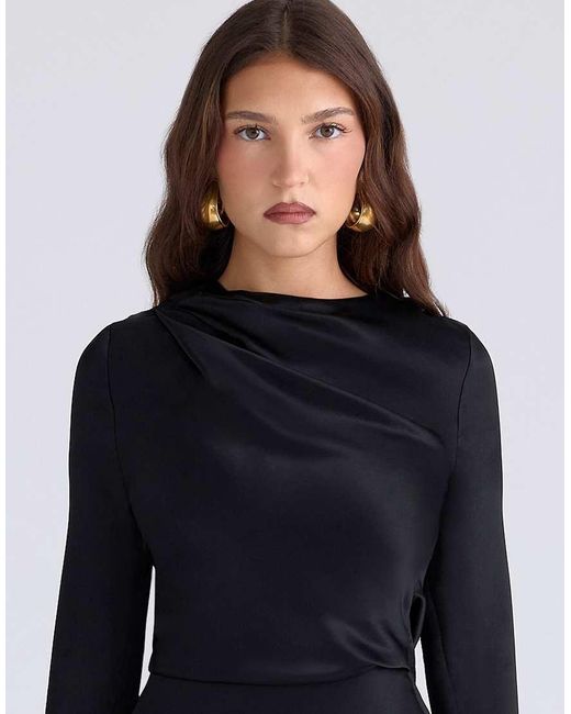 House Of Cb Black Mariska Satin Long Sleeve Draped Mini Dress