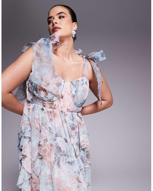 Vestido Largo Con Estampado Floral, Volantes Efecto Cascada Y Tirantes Anudados De Curve ASOS de color Purple