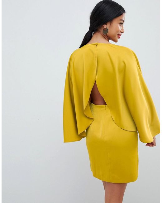 ASOS Asos Design Satin Cape Kimono Sleeve Deep Plunge Mini Dress in Yellow Lyst