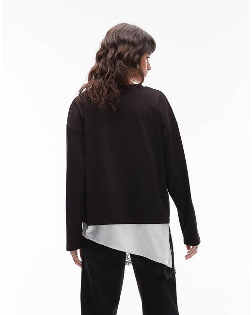 ASOS Black Long Sleeve T-Shirt With Lace Satin Asym Hem Detail