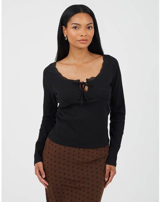 Brave Soul Black Ribbed Long Sleeve Top With Lace Trim